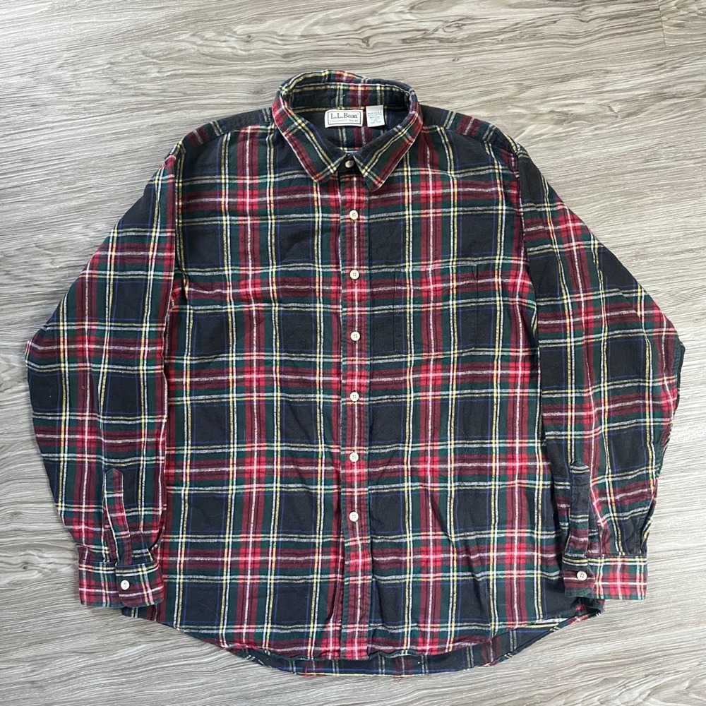 LL Bean Vintage Plaid Flannel Shirt Mens XL Navy Red Green Cotton Made in USA